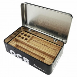 Metalowy pojemnik OCB na tytoń z drewnianą wkładką 12x7,5x3,5cm