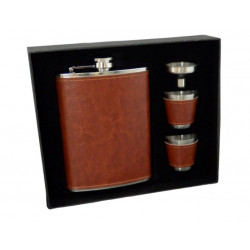 Zestaw Piersiówka stalowa brązowa ekoskóra 240 ml 2 x Kieliszek Lejek