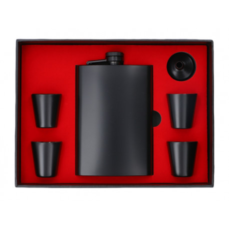 Zestaw Piersiówka stalowa czarna 240 ml 4 x Kieliszek Lejek
