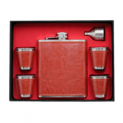 Zestaw XXL Piersiówka stalowa skóra brąz 540 ml 4 x Kieliszek Lejek