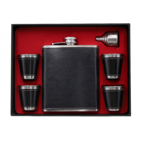 Zestaw XXL Piersiówka stalowa skóra czarna 540 ml 4 x Kieliszek Lejek
