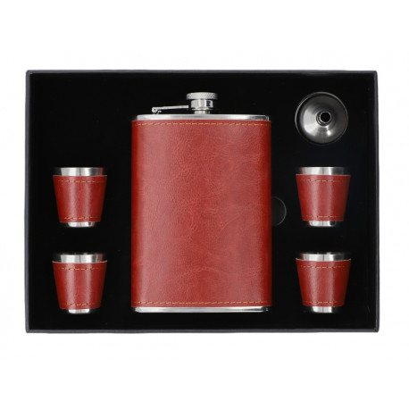 Zestaw Piersiówka stalowa brązowa ekoskóra 270 ml 4 x Kieliszek Lejek