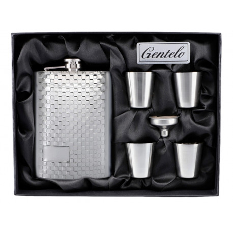 Zestaw Piersiówka stalowa srebrna 240ml 4 x Kieliszek Lejek