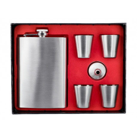 Zestaw Piersiówka stalowa srebrna 270ml 4 x Kieliszek Lejek