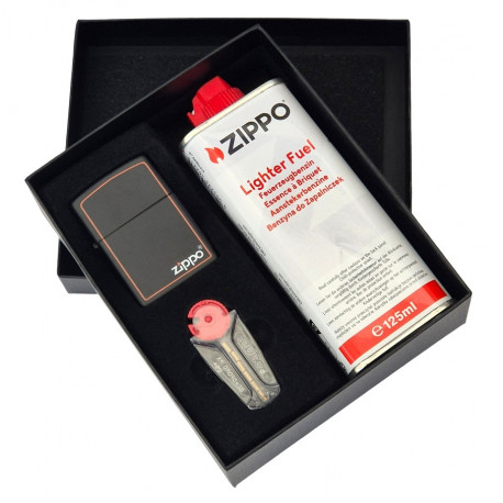 Zestaw prezentowy ZIPPO Black Matte Logo Kamienie Benzyna Pudełko